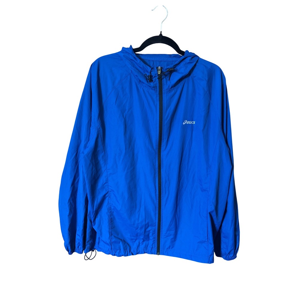 Asics Packable Jacket Mens Large Blue Windbreaker Water Resistant Hooded Running